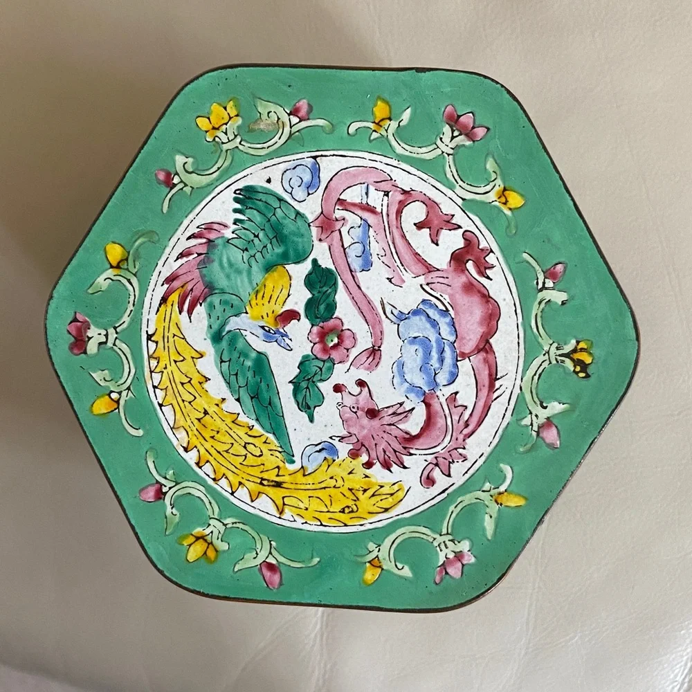 Vintage Chinese Hand Painted Enamel Hexagon Box Dragon / Phoenix Design